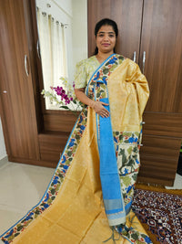 Semi Tussar Weaving with Contrast Kalamkari Border - Yellow with Blue