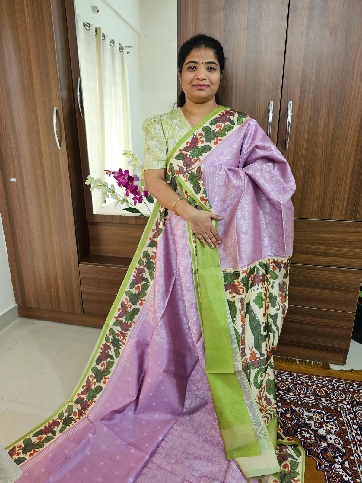 Semi Tussar Weaving  with Contrast Kalamkari Border - Lavender with Green