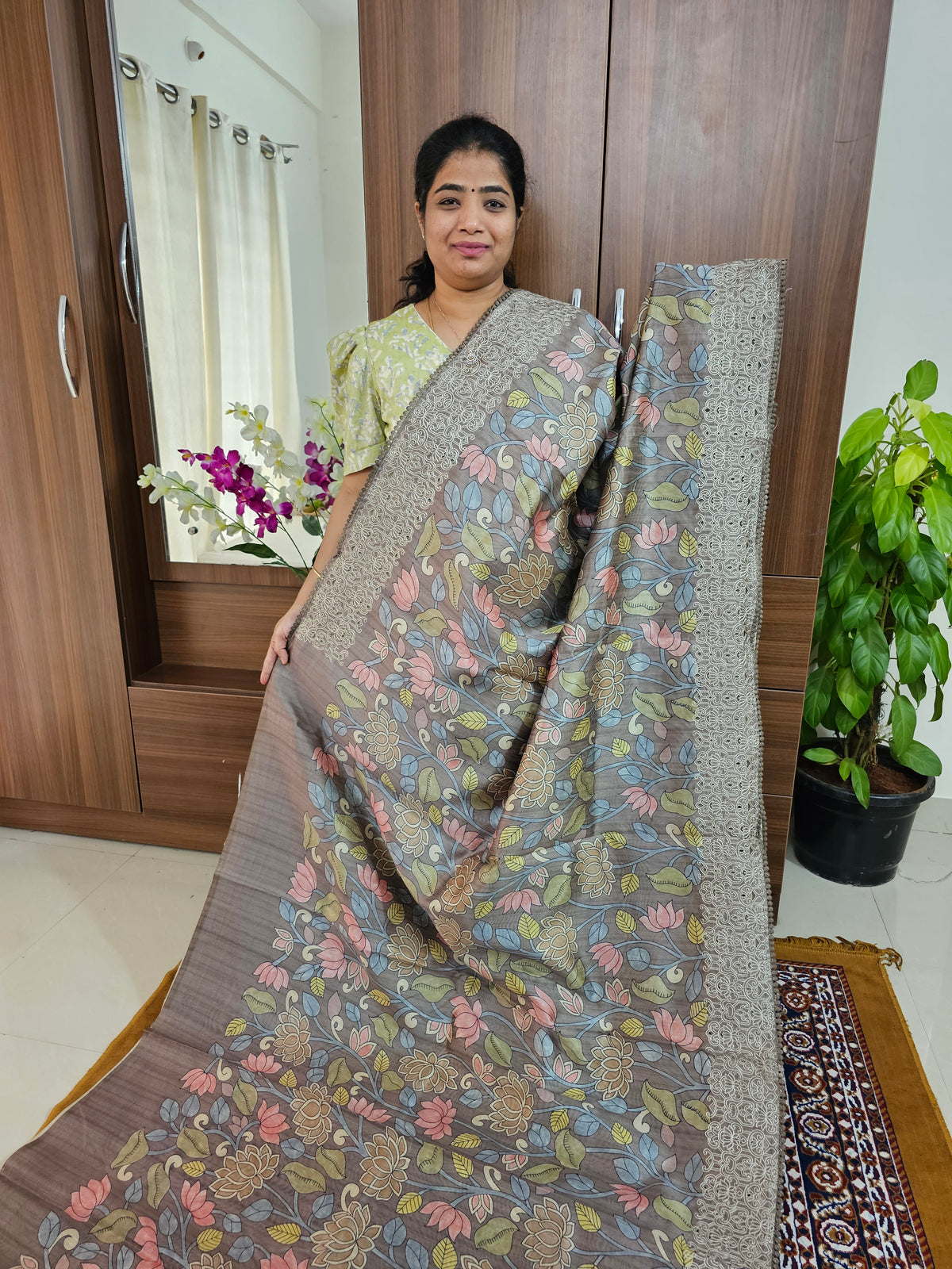 Semi Tussar Silk Saree with Cut Work  - Elephant Grey