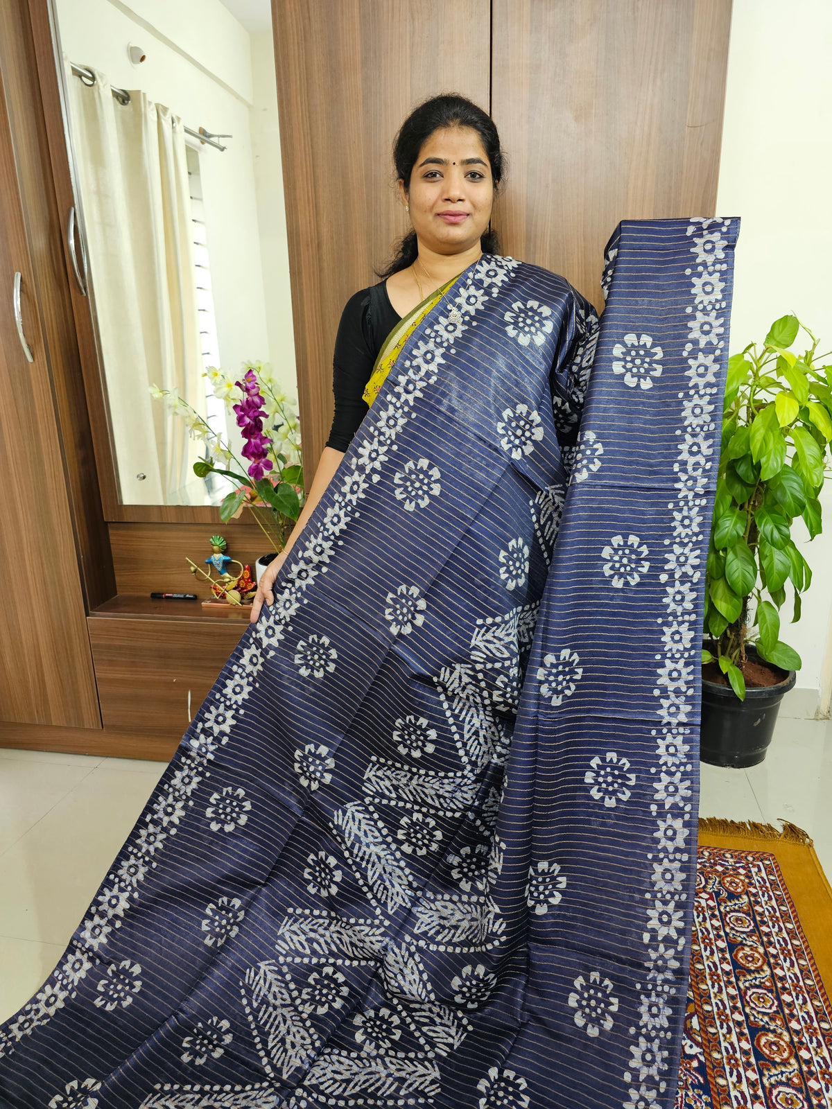 Bhagalpuri Silk Viscous with Batik Prints -  Navy Blue