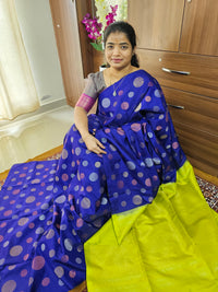 Trending Kanjivaram Pattern Coin Buttas Pure Handloom Soft Silk Saree -  Dark Blue with Lime Green