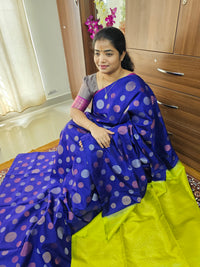 Trending Kanjivaram Pattern Coin Buttas Pure Handloom Soft Silk Saree -  Dark Blue with Lime Green