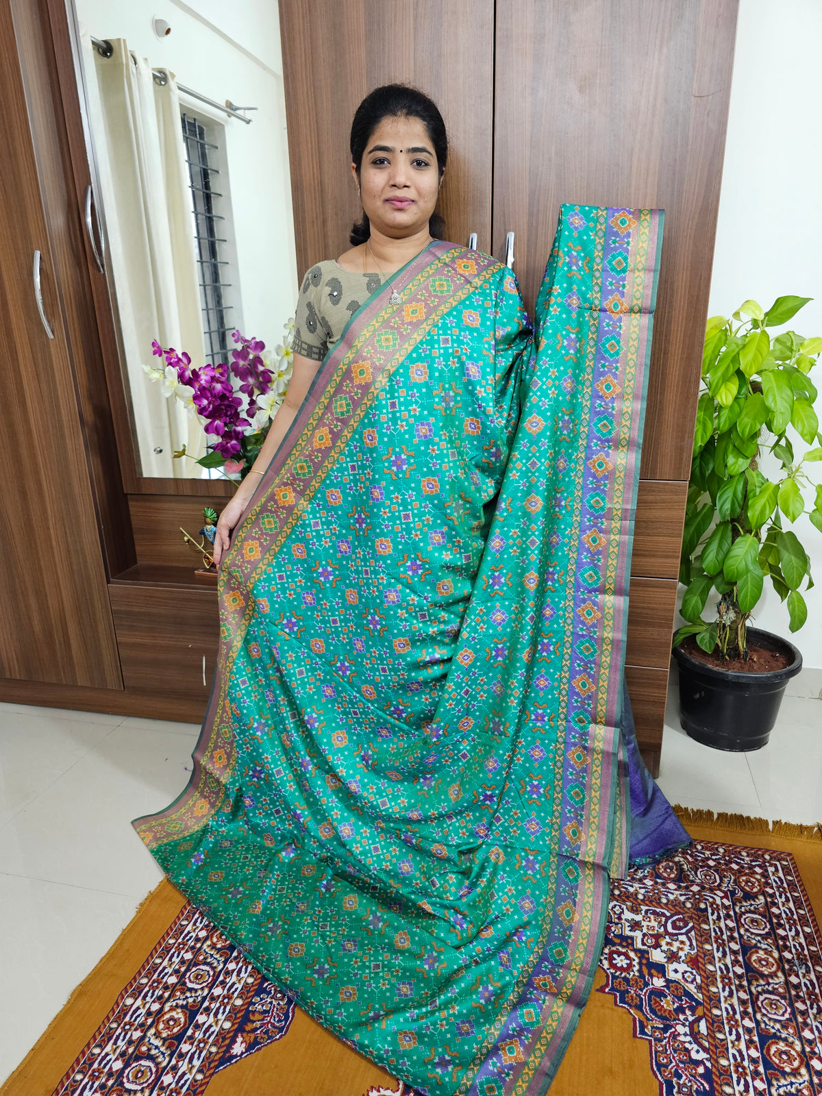 Soft Patola Sarees with Small Border - Sea Green with  Violet
