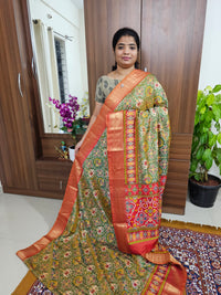 Soft Patola Sarees with Small Border - Green with Rust Orange