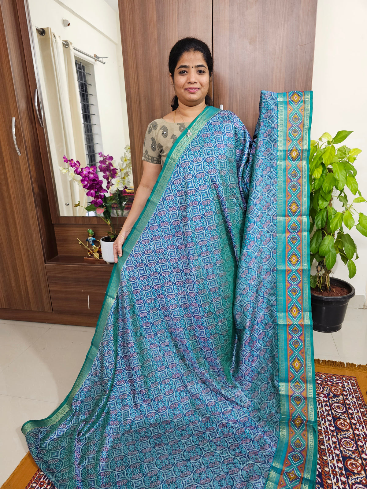 Soft Patola Sarees with Small Border - Blue with Green