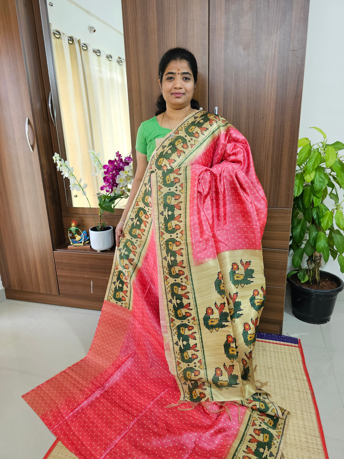 Semi Tussar Digital Prints with Contrast Paithani Border -Pink