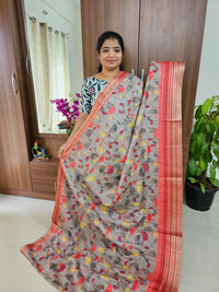Semi Tussar Geometric Pattern Digital Printed Saree - Grey with Peach