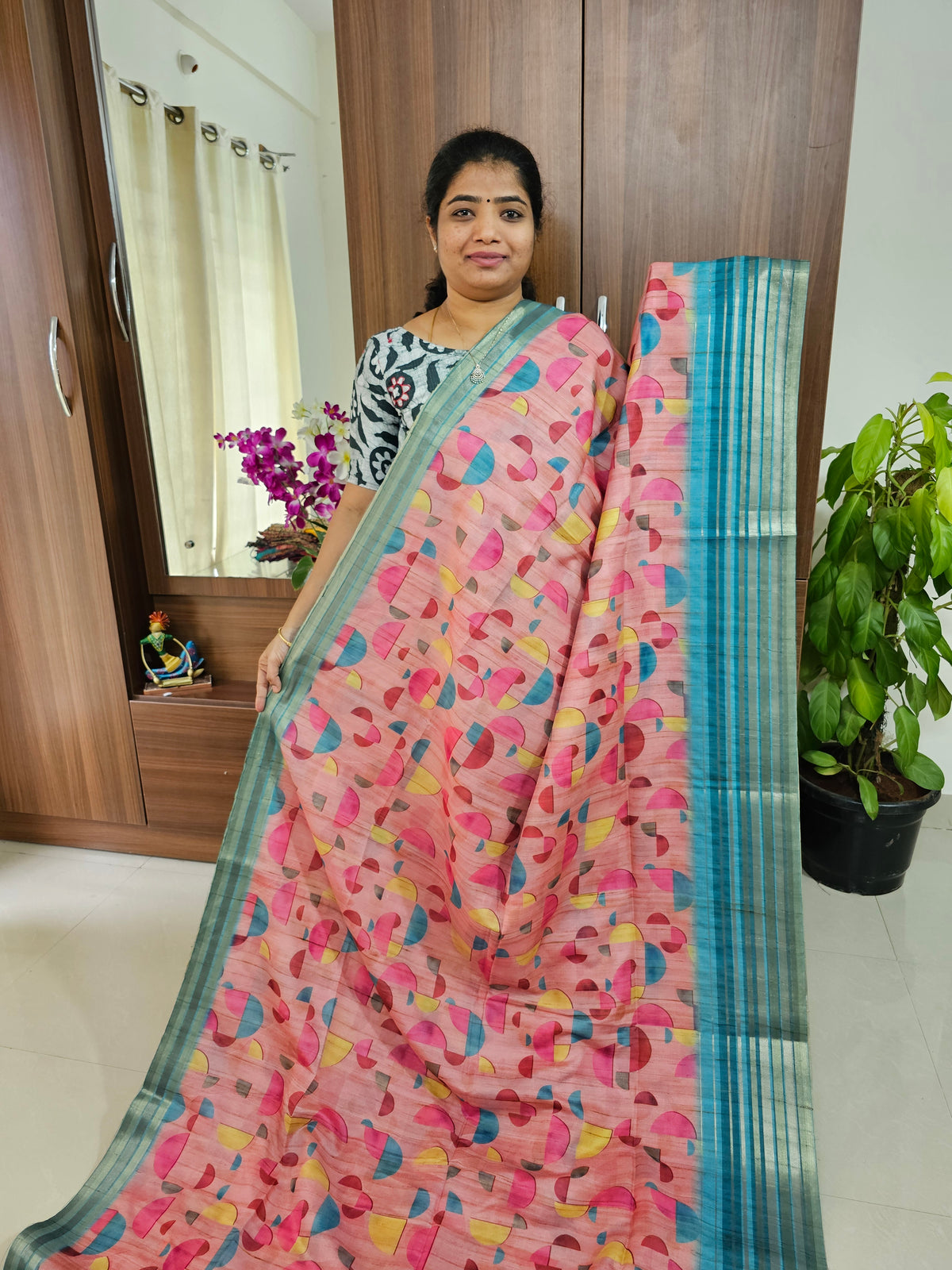 Semi Tussar Geometric Pattern Digital Printed Saree - Pink with Blue