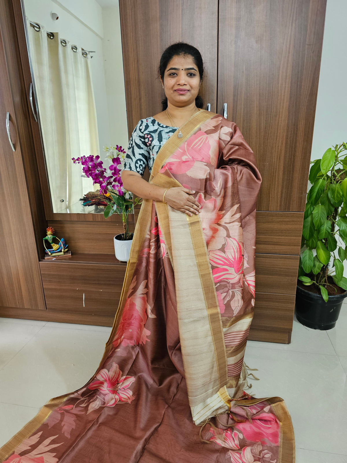 Semi Tussar Kalamkari Digital Printed Saree - Onion Pink