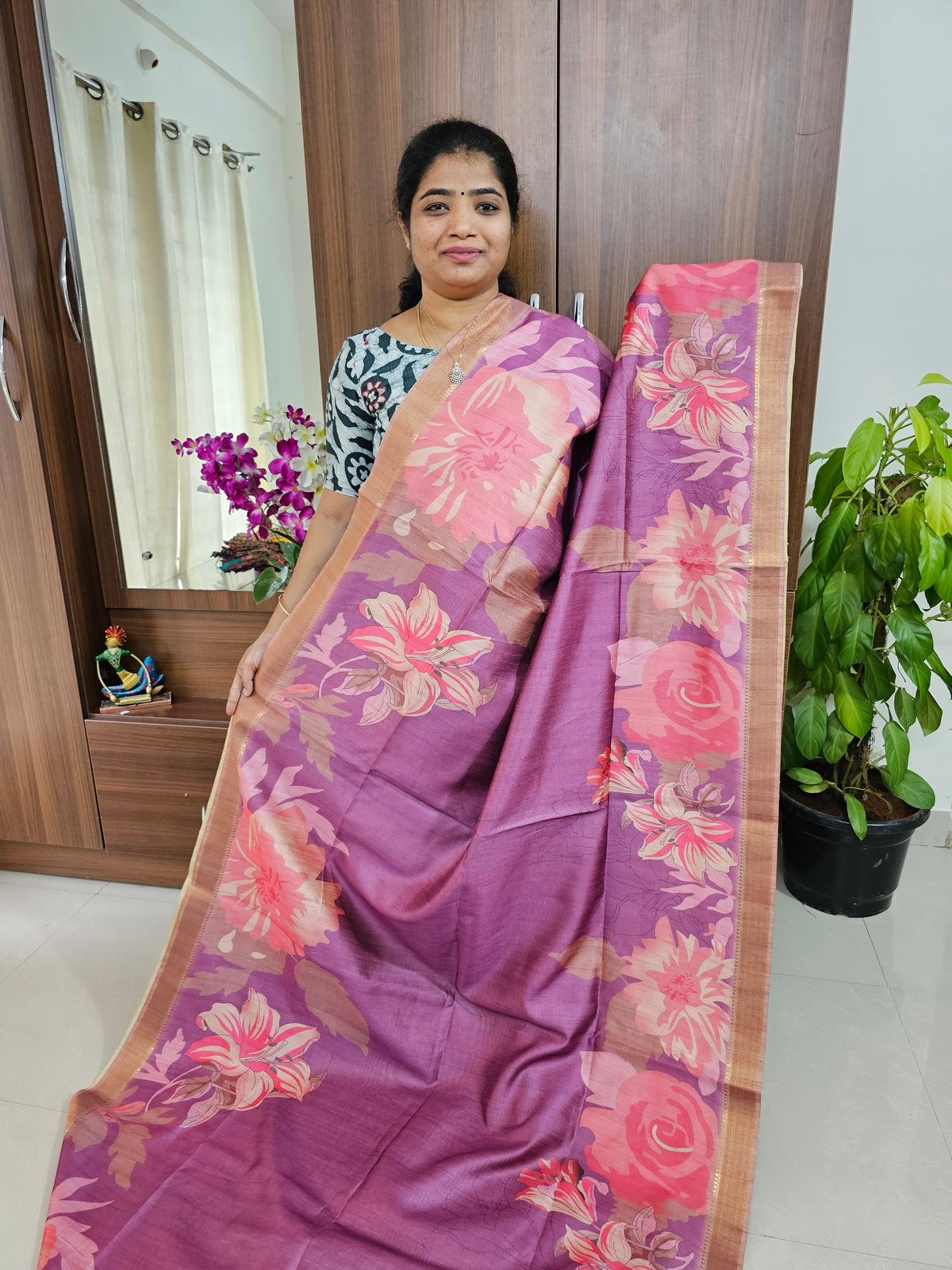 Semi Tussar Kalamkari Digital Printed Saree - Purple