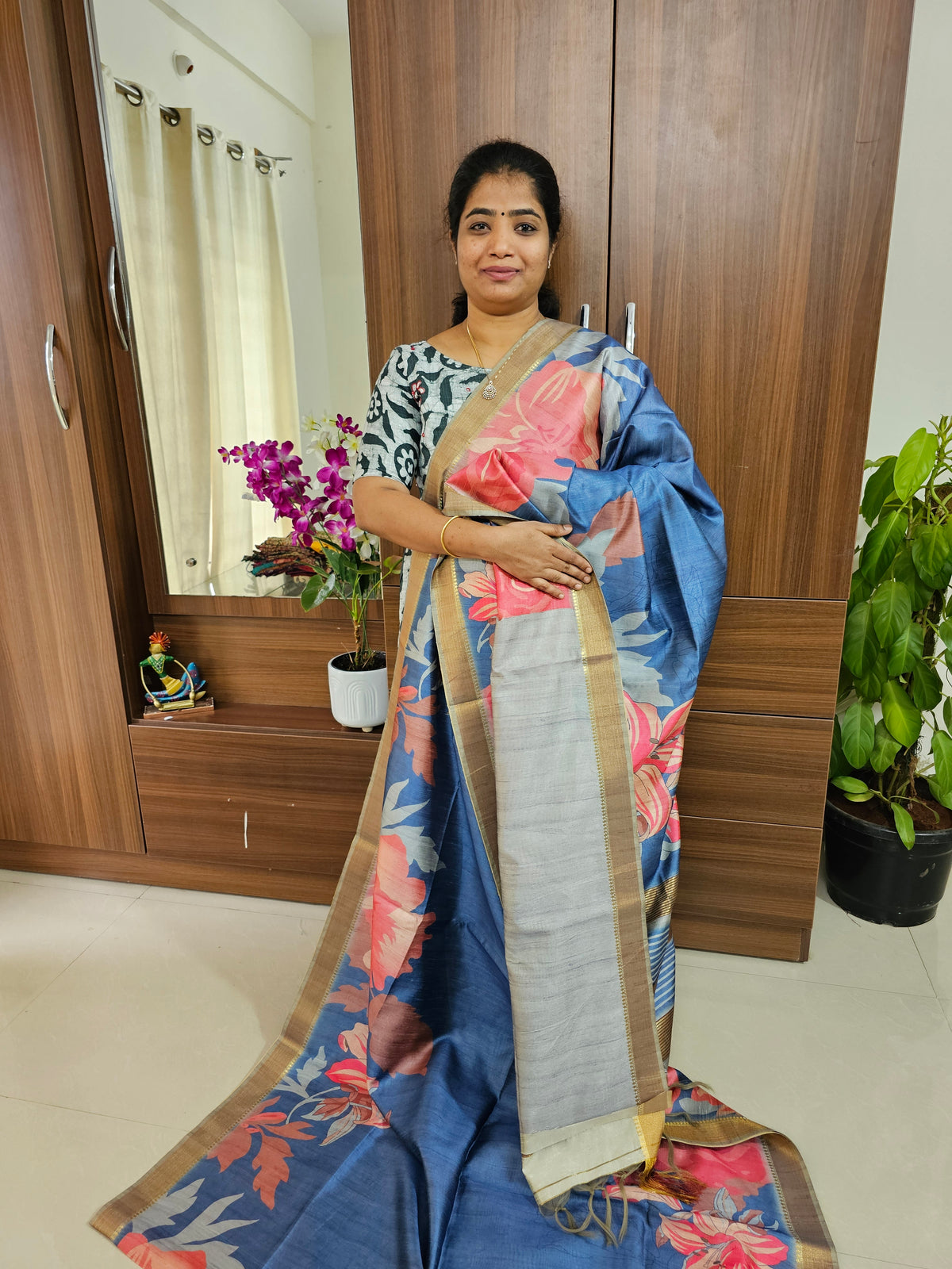 Semi Tussar Kalamkari Digital Printed Saree - Blue