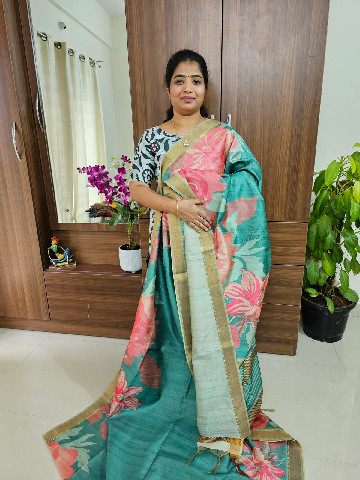 Semi Tussar Kalamkari Digital Printed Saree - Sea Green