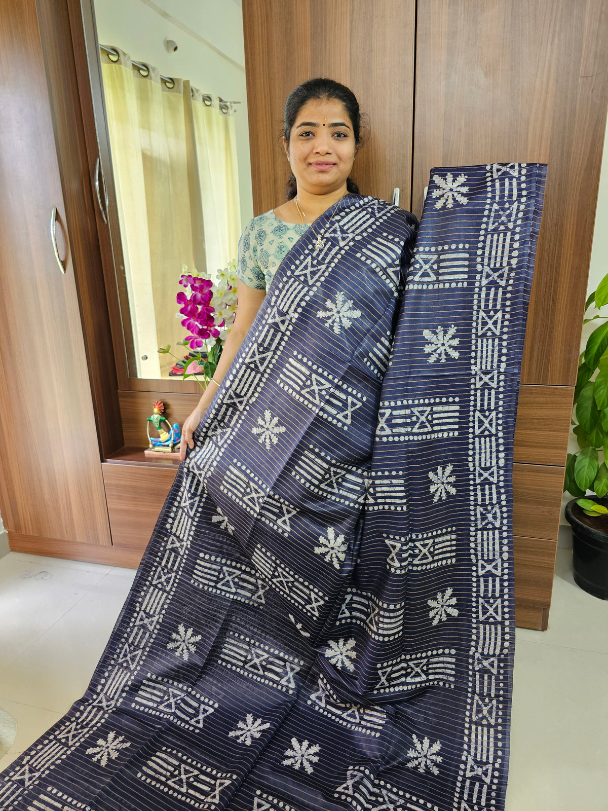Bhagalpuri Silk Viscous with Batik Prints - Navy Blue