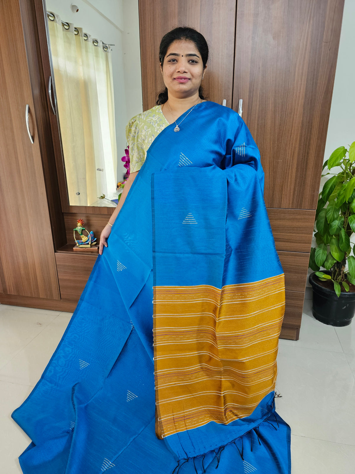 Semi Raw Silk - Blue with Mustard Yellow