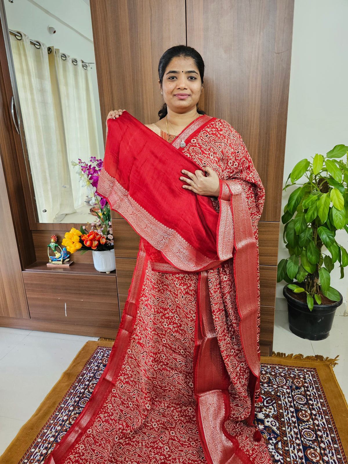 Semi Tussar Georgette with Zari Woven Saree Border - Dark Red