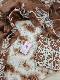 Soft Cotton with Chikan Embroidery Unstitched Salwar Suit - Coffee Brown