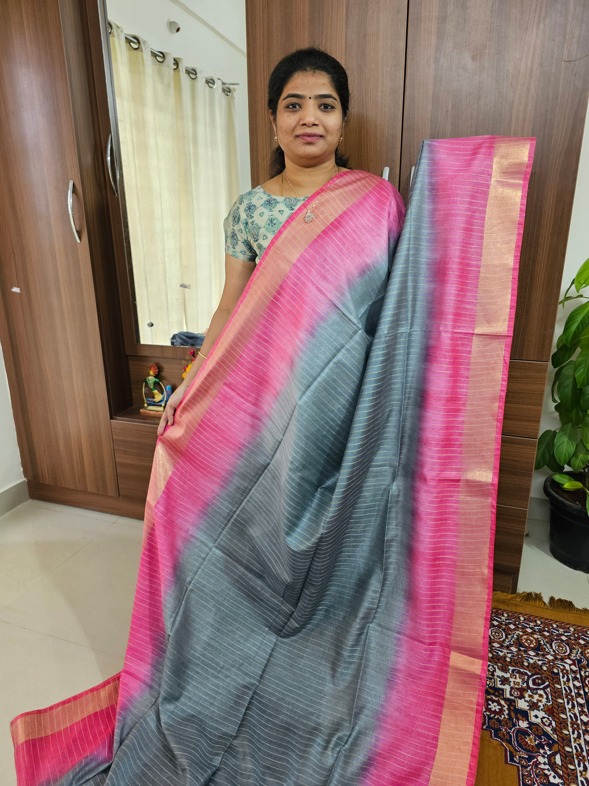 Bhagalpuri Silk Viscous with Sequence Weaving Pallu - Grey with Pink