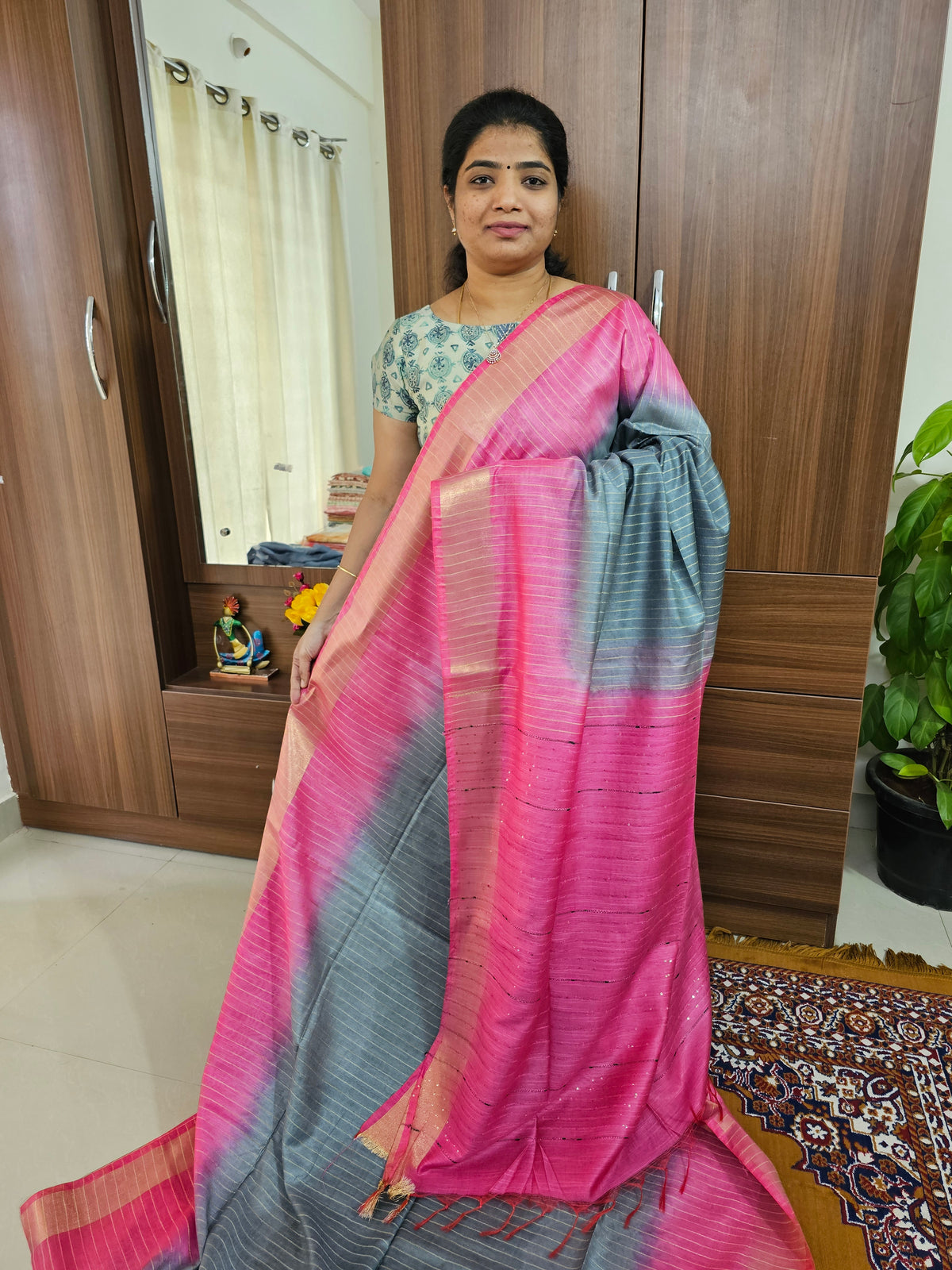 Bhagalpuri Silk Viscous with Sequence Weaving Pallu - Grey with Pink
