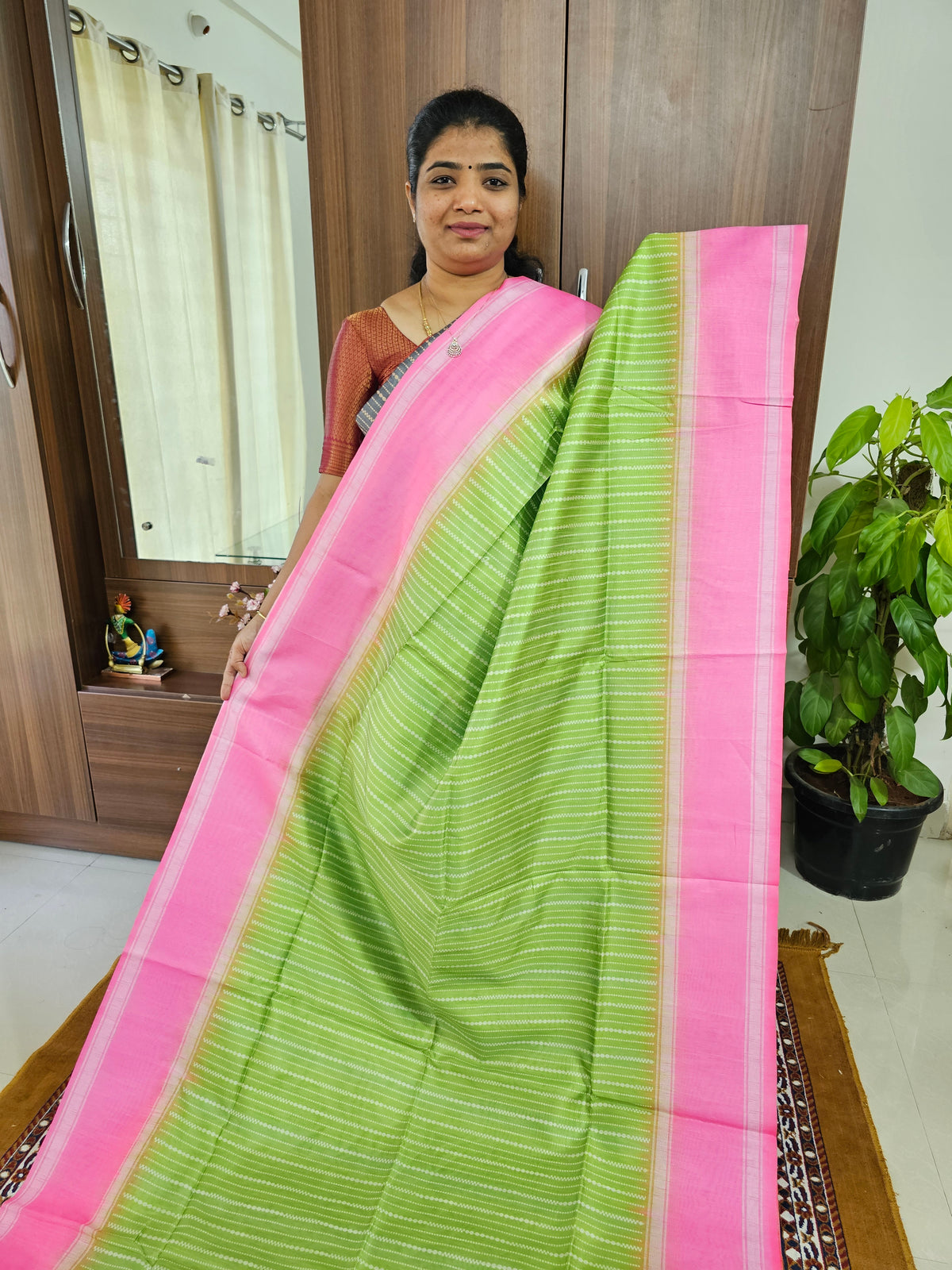 Semi Tussar with Digital Printed Saree - Green with Pink