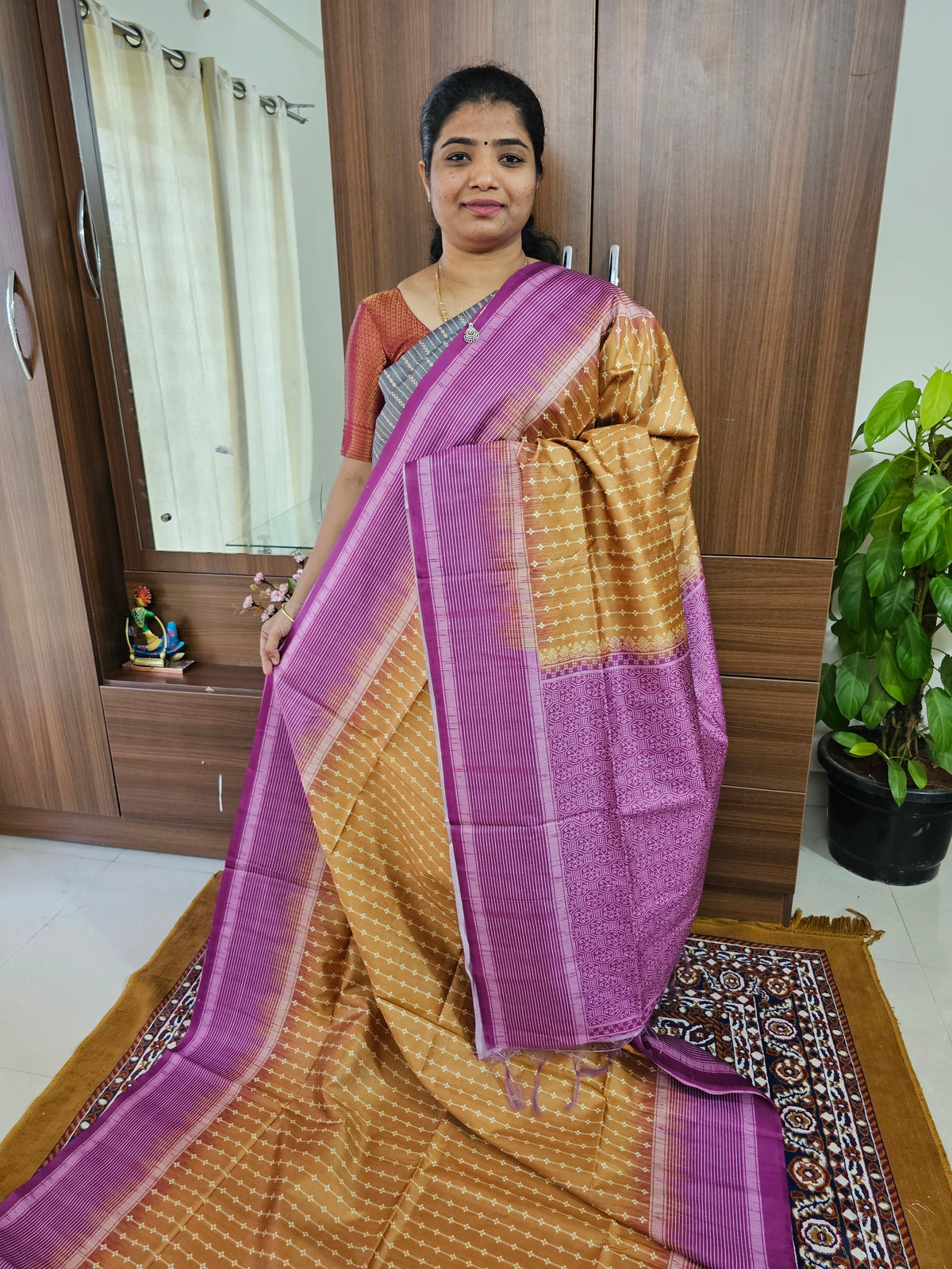 Semi Tussar with Digital Printed Saree - Mustard Yellow with Magenta Pink