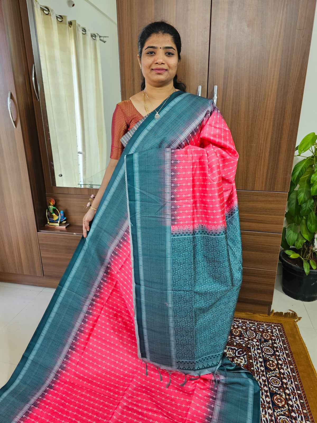 Semi Tussar with Digital Printed Saree - Peach with Dark Green