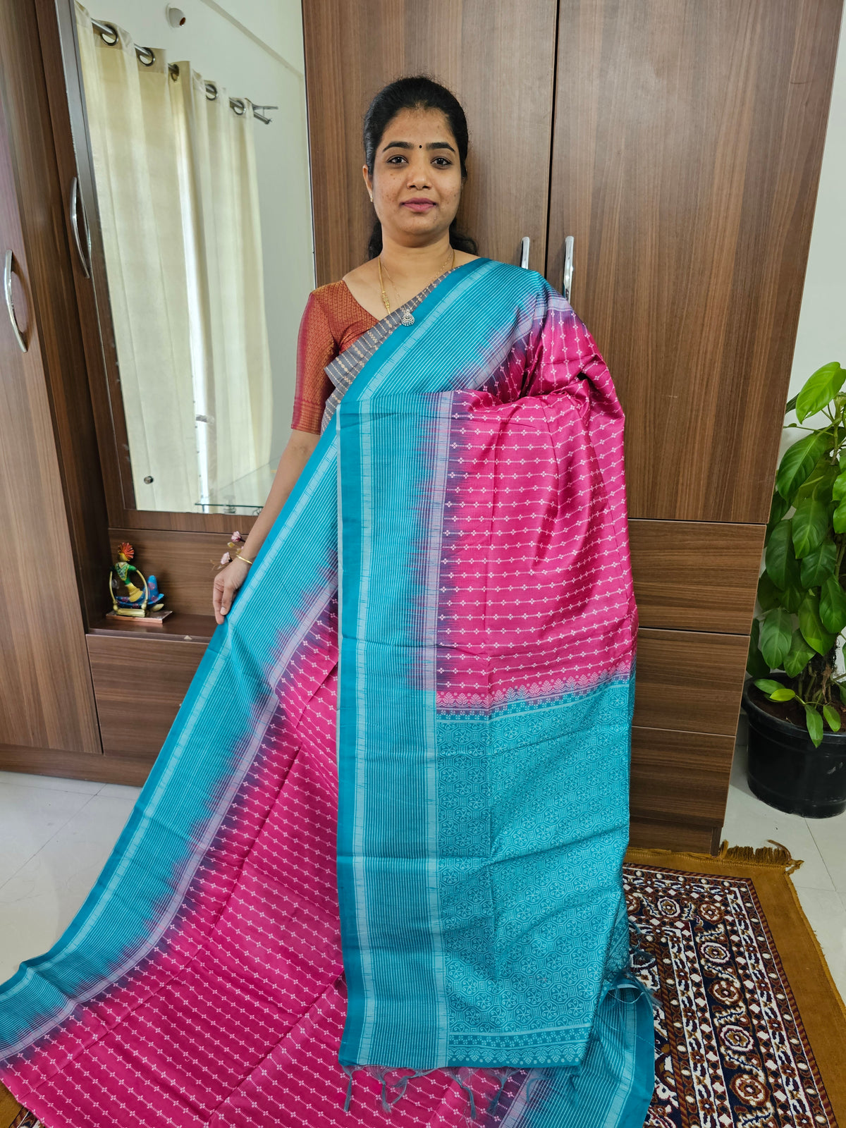 Semi Tussar with Digital Printed Saree - Pink with Sea Green