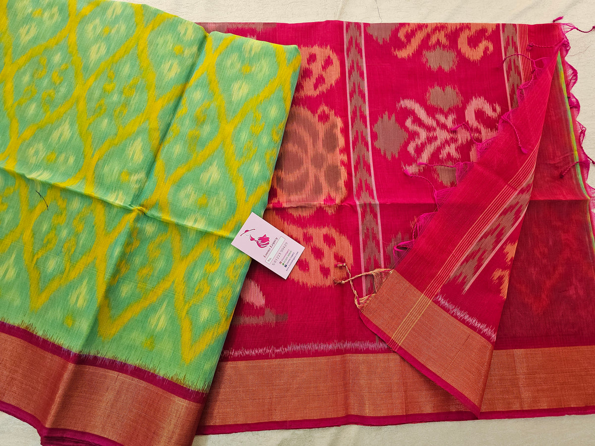 Sea Green with Pink Pochampally Ikkat Silk Cotton (SICO Pattu)
