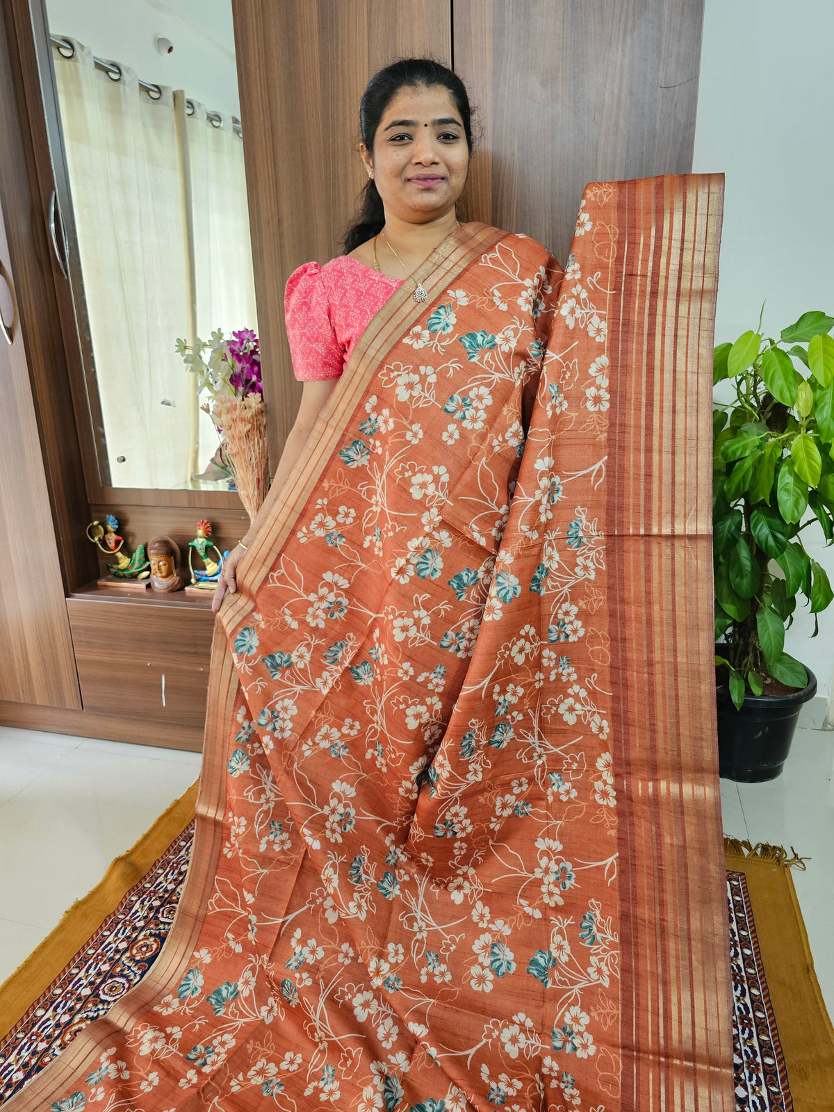 Semi Tussar with Digital Printed Saree - Rust Brown