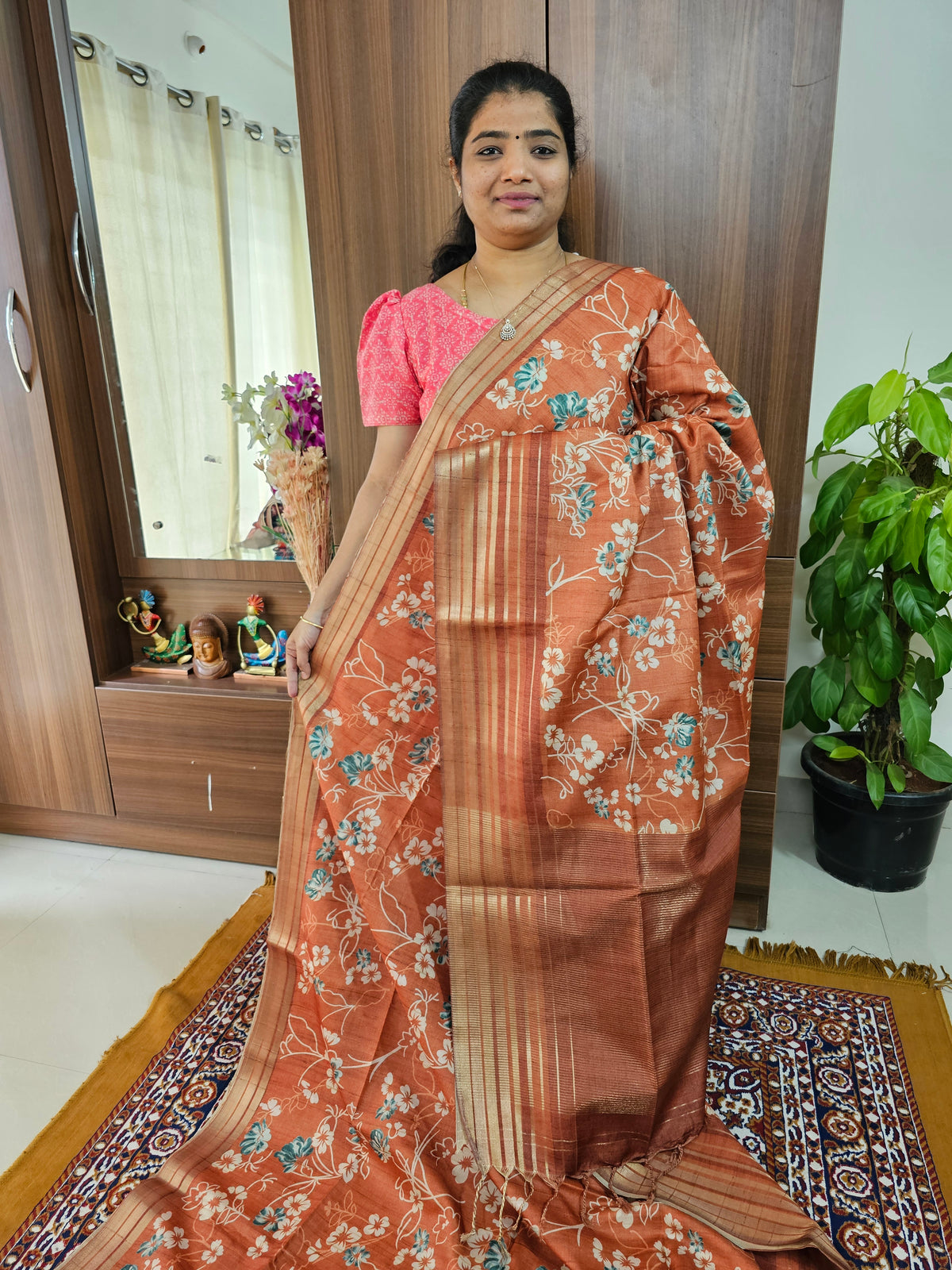 Semi Tussar with Digital Printed Saree - Rust Brown