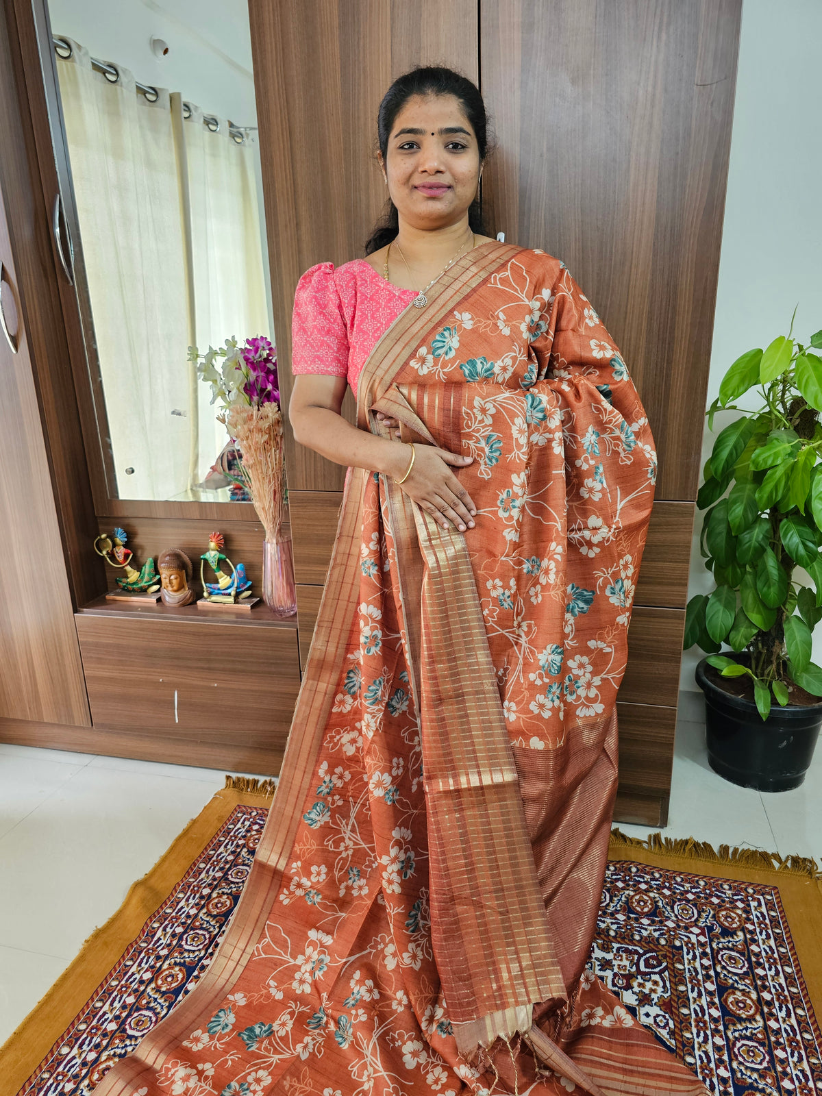 Semi Tussar with Digital Printed Saree - Rust Brown