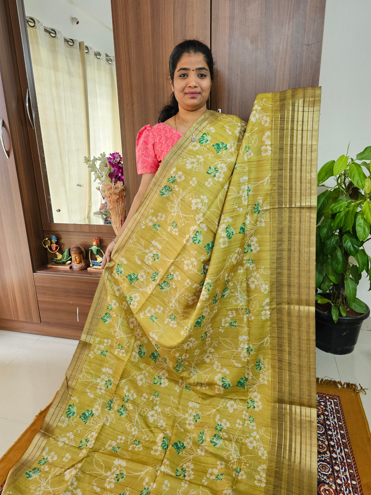 Semi Tussar with Digital Printed Saree - Lime Yellow
