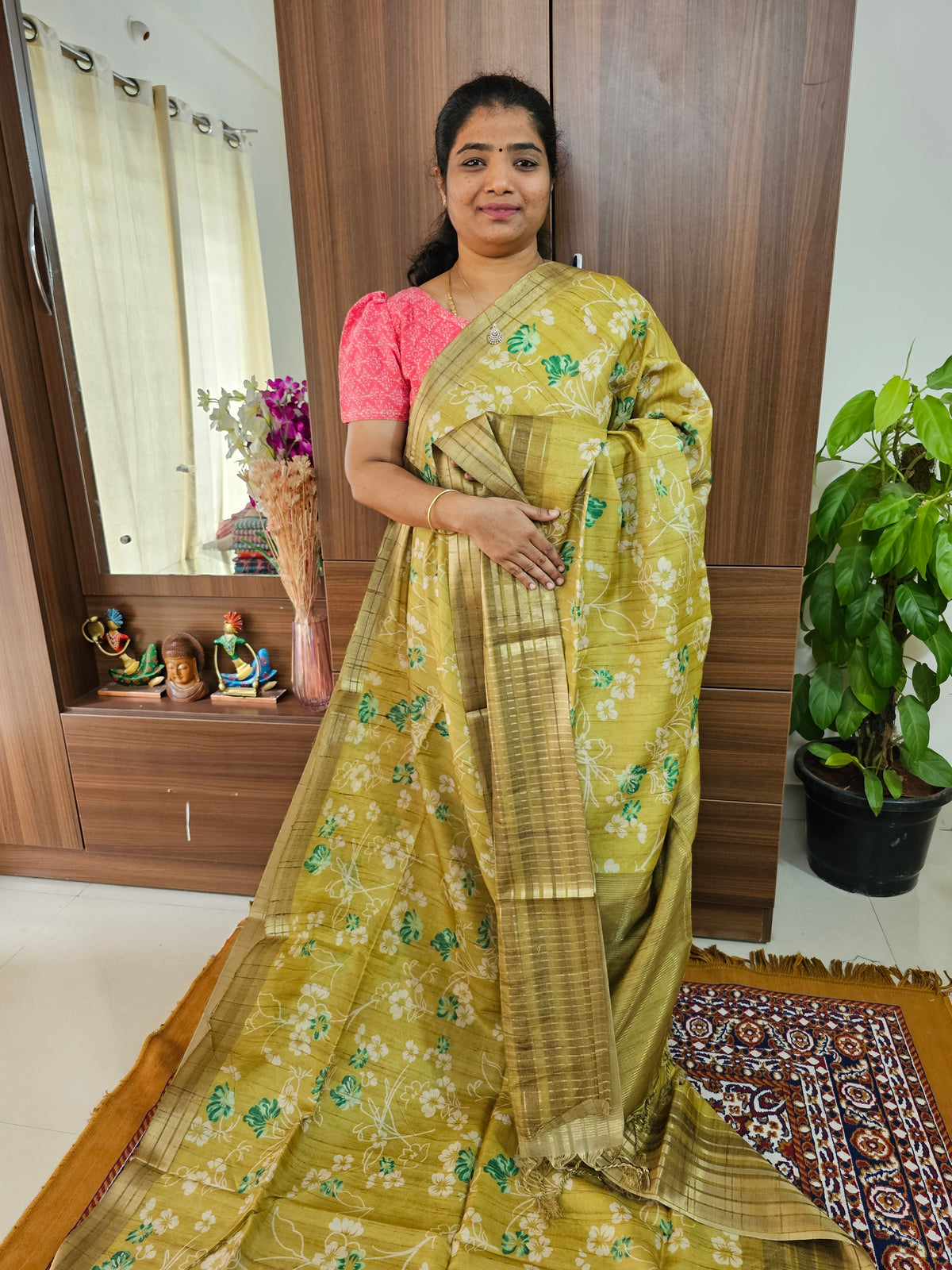 Semi Tussar with Digital Printed Saree - Lime Yellow