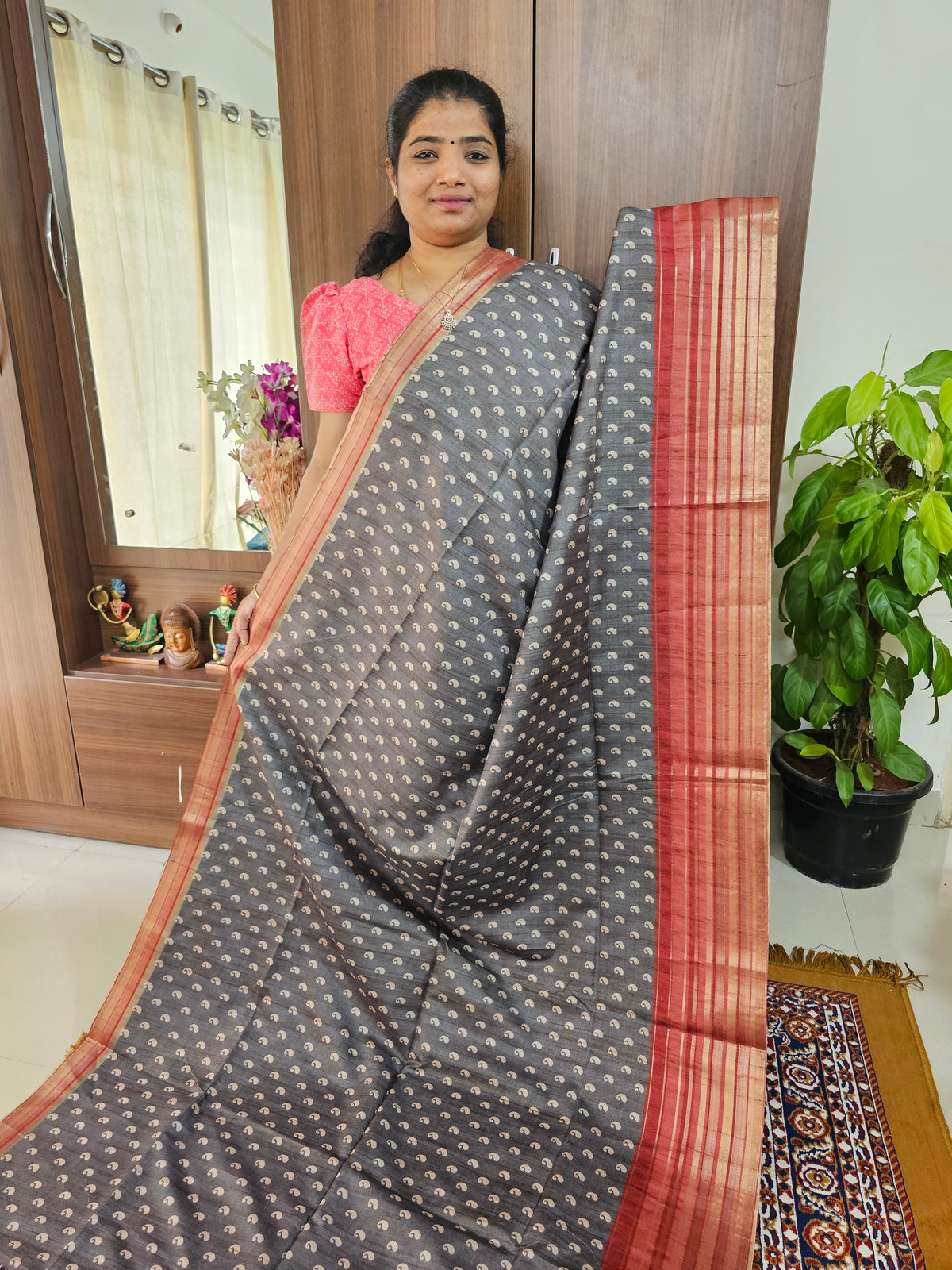 Semi Tussar with Digital Printed Saree - Grey with Maroon