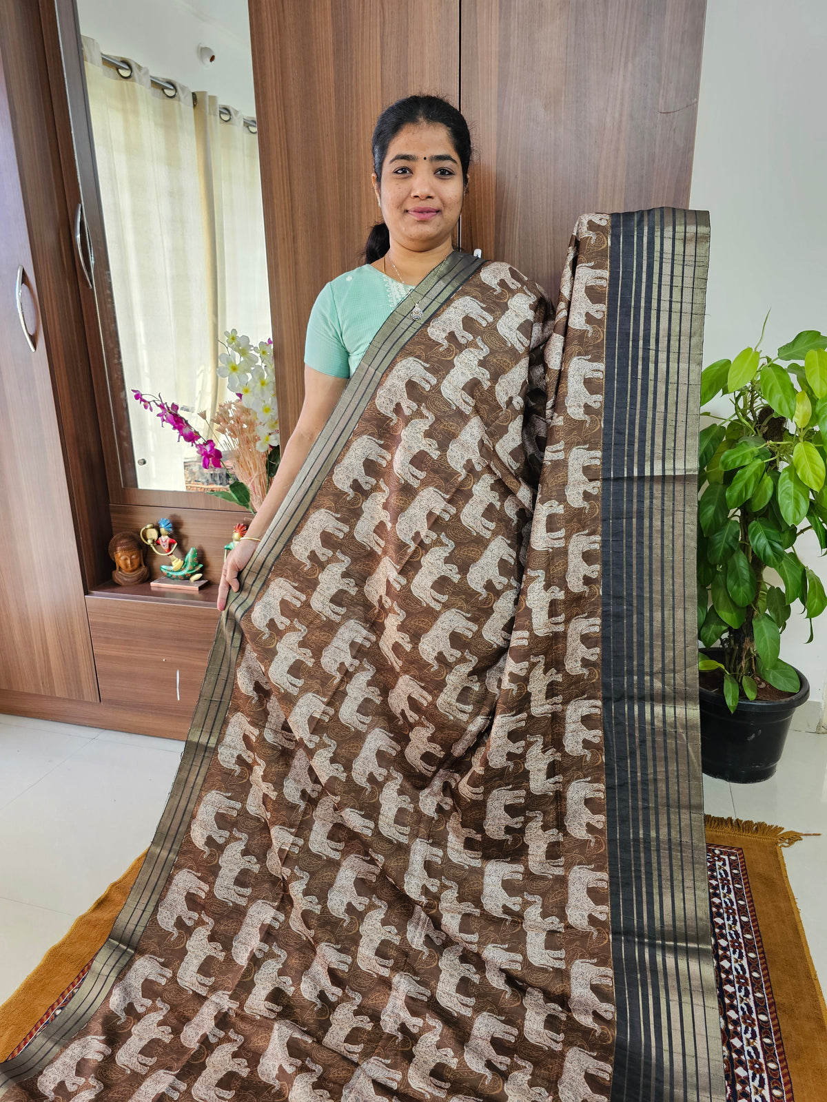 Semi Tussar with Digital Printed Saree - Army Green with Dark Grey