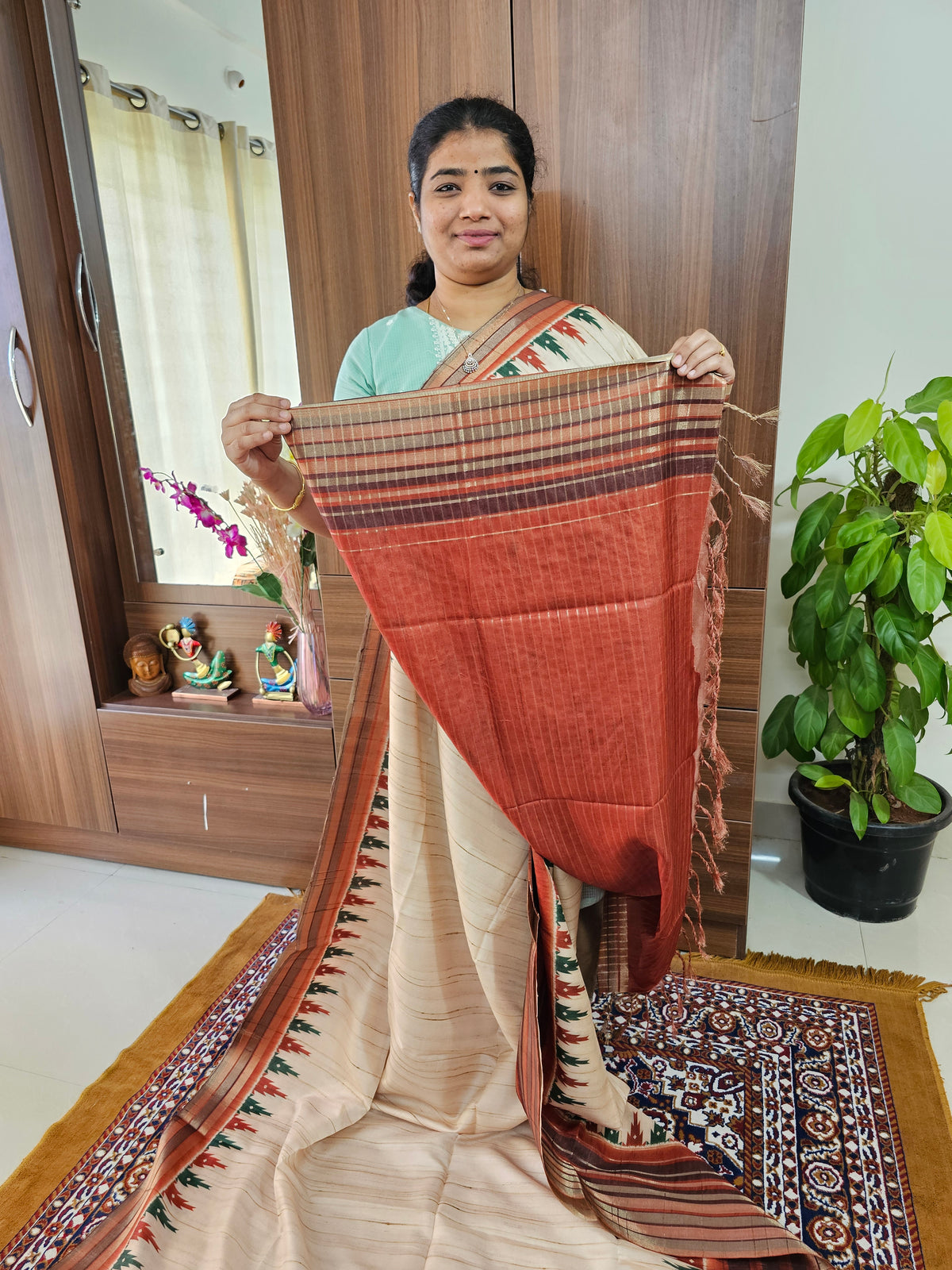 Semi Tussar with Digital Printed Saree - Cream with  Brown
