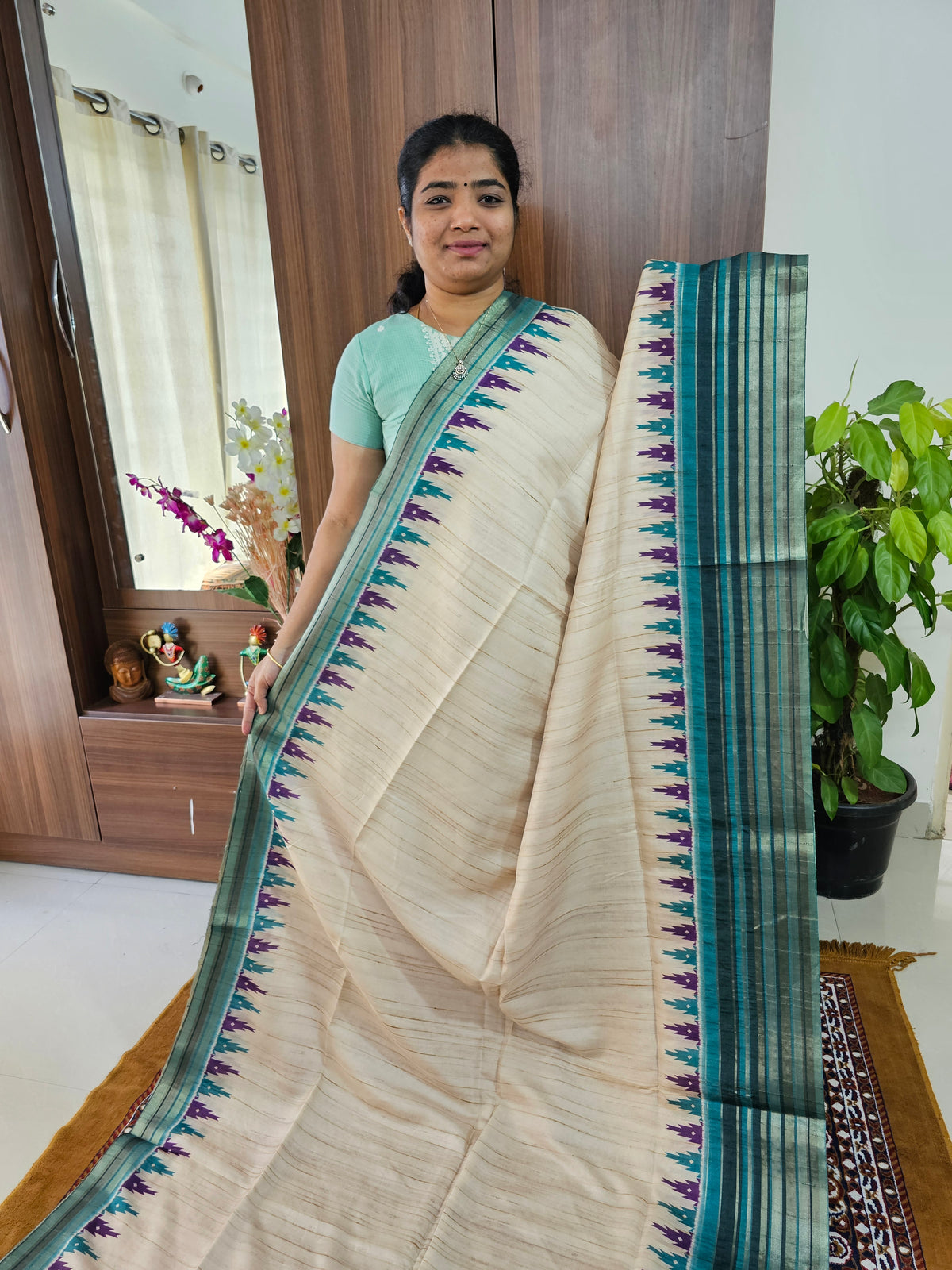 Semi Tussar with Digital Printed Saree - Cream with Sea Green