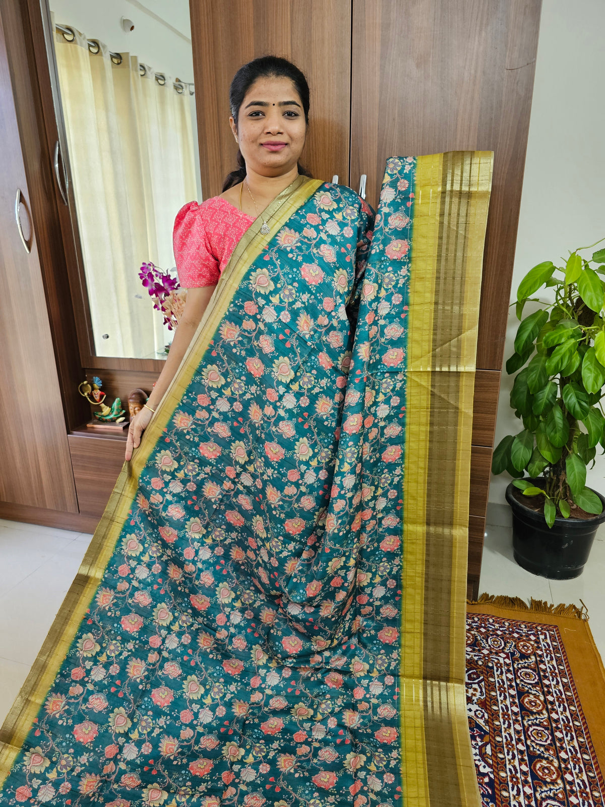 Semi Tussar with Digital Printed Saree -  Peacock Green with Lime Green