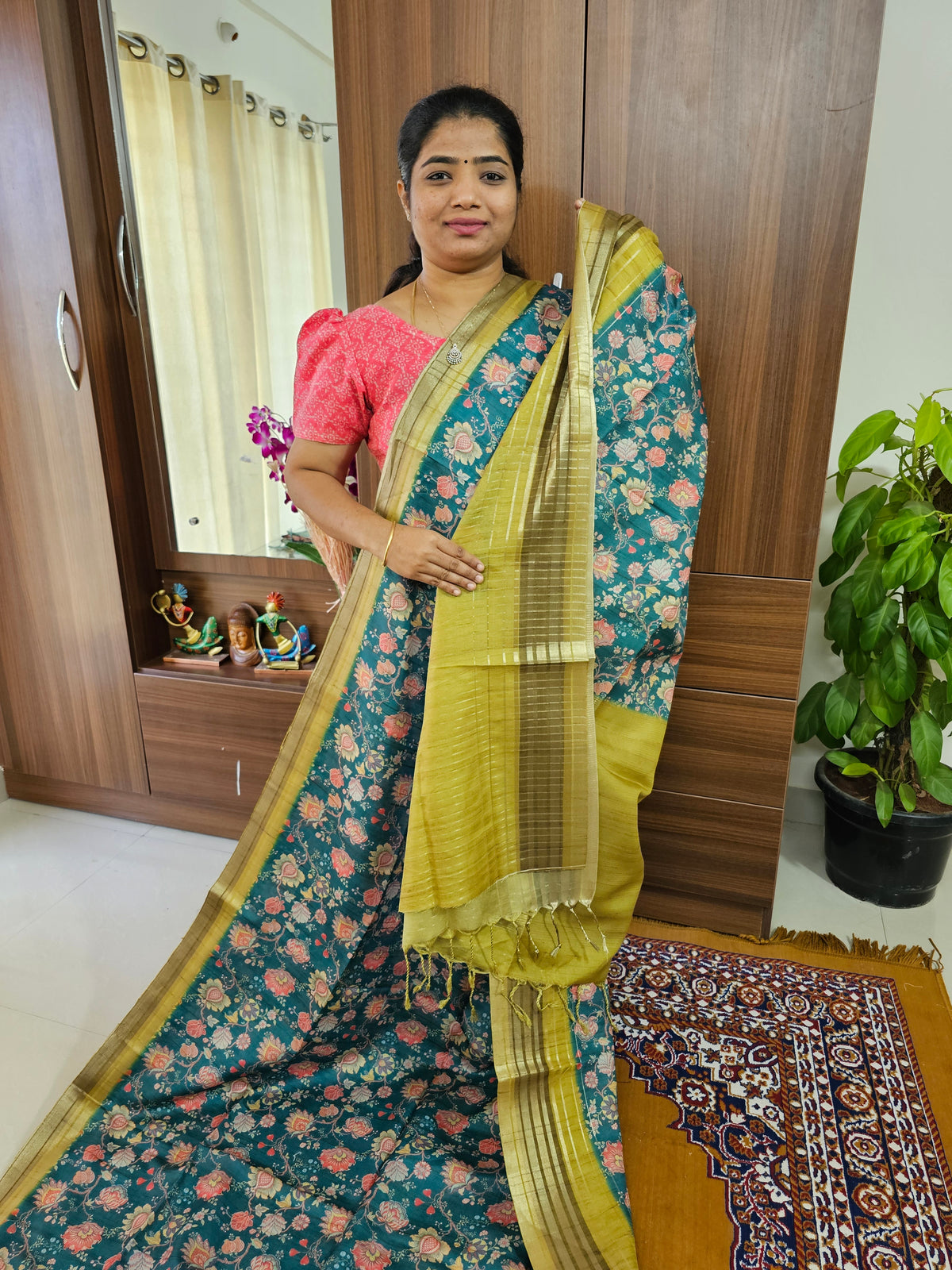 Semi Tussar with Digital Printed Saree -  Peacock Green with Lime Green