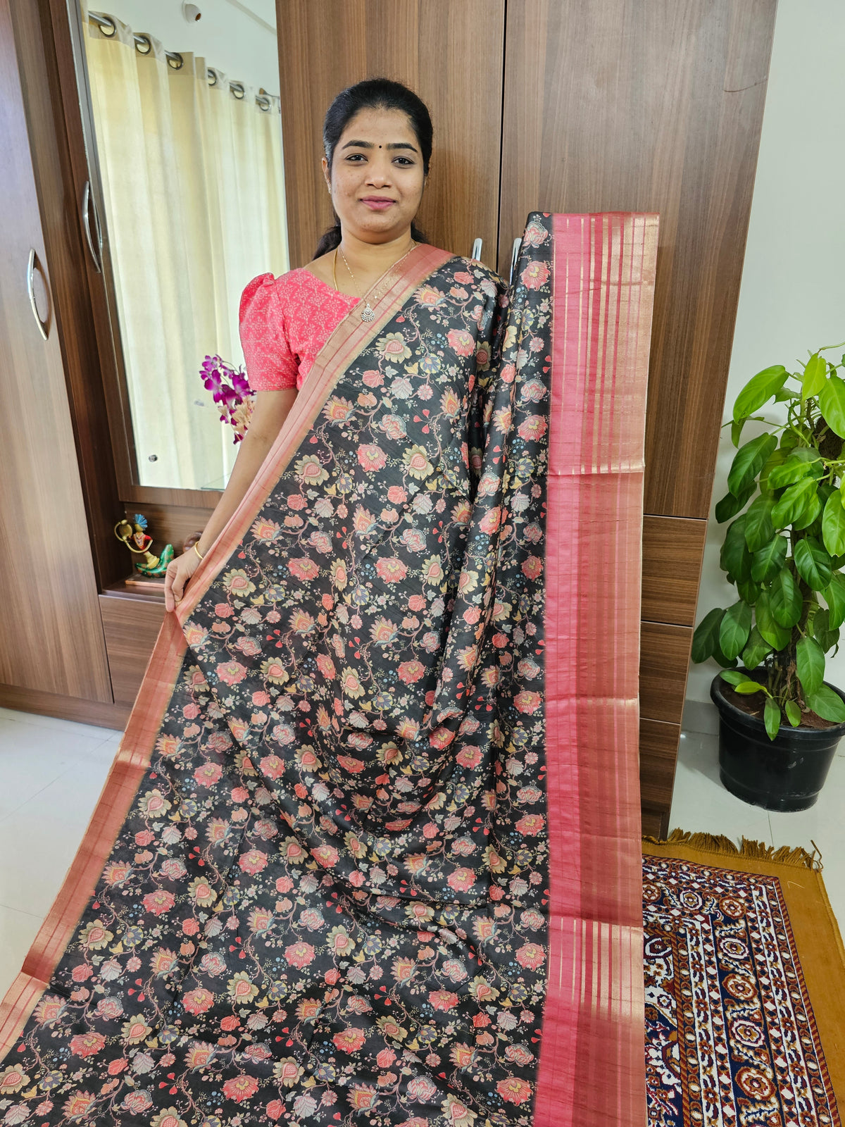 Semi Tussar with Digital Printed Saree -  Grey with Peach