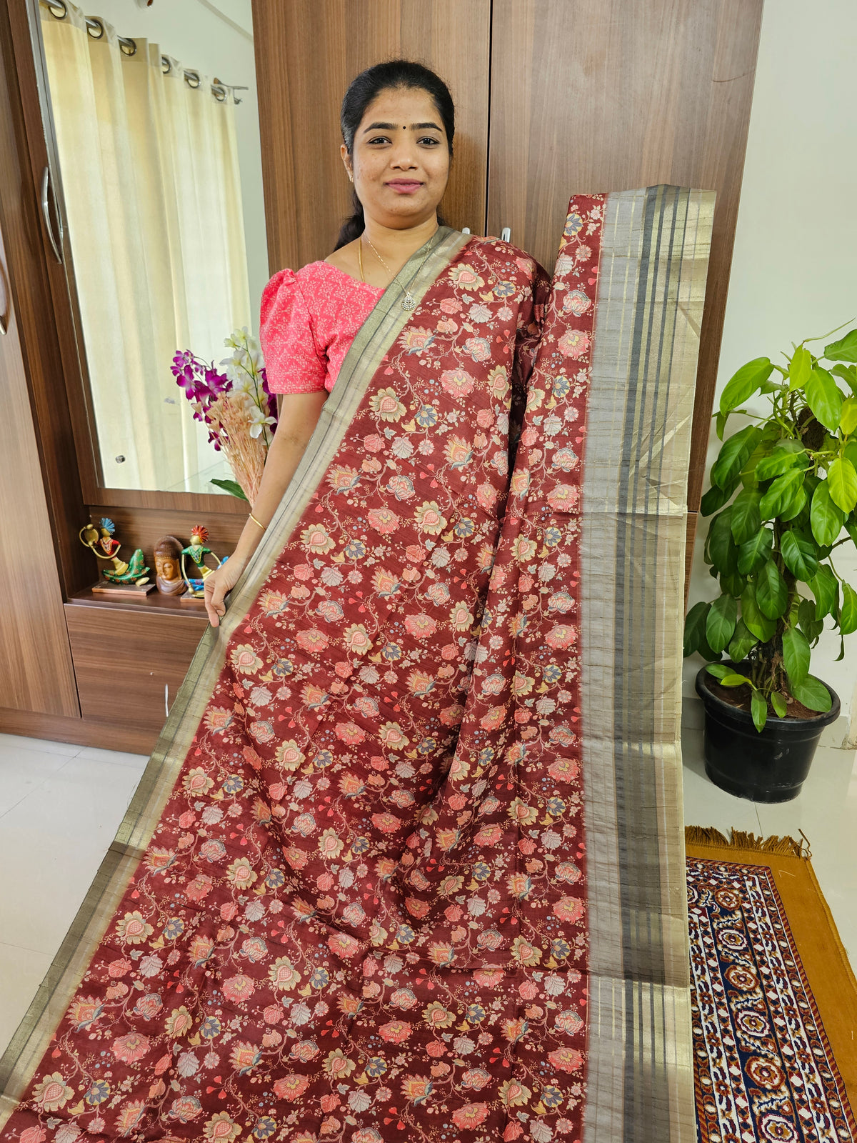 Semi Tussar with Digital Printed Saree -  Maroon with Grey