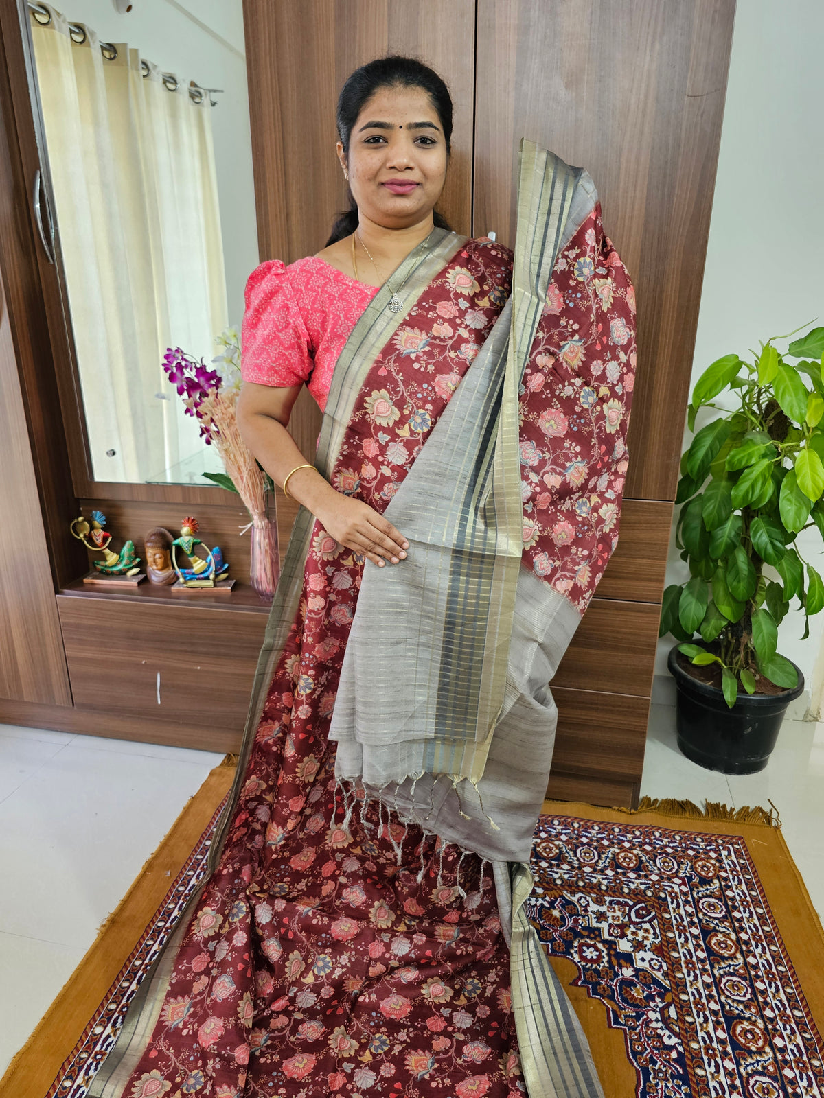 Semi Tussar with Digital Printed Saree -  Maroon with Grey