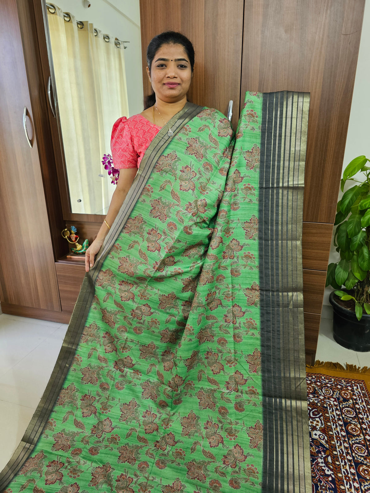 Semi Tussar with Digital Printed Saree -  Green with Dark Green