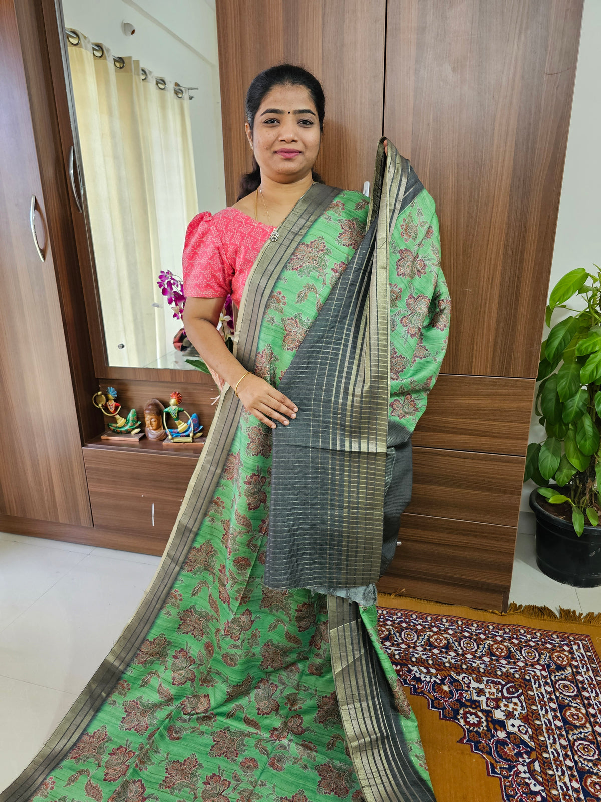 Semi Tussar with Digital Printed Saree -  Green with Dark Green