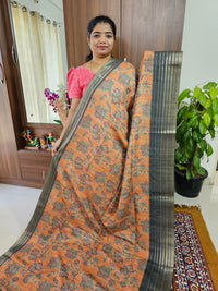 Semi Tussar with Digital Printed Saree - Orange with Dark Green