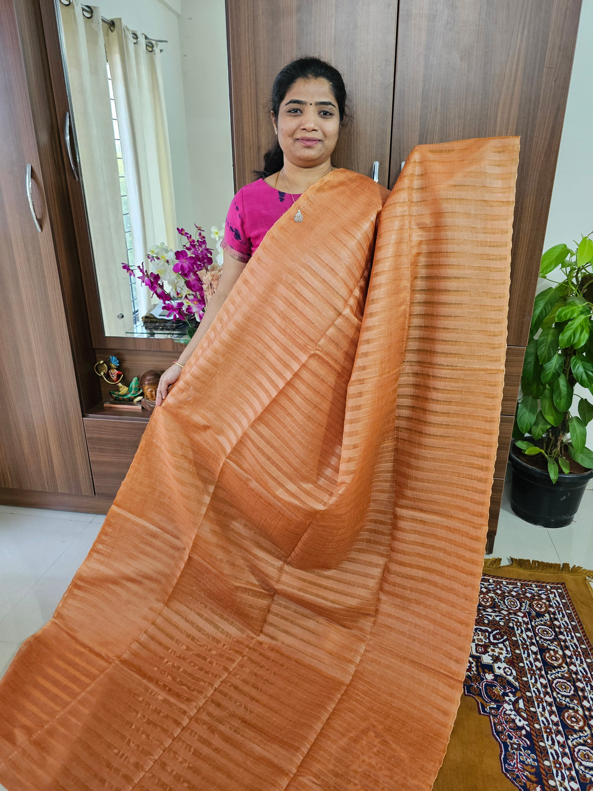 Bhagalpuri Silk Viscous Noil Saree - Brown with Dark Brown