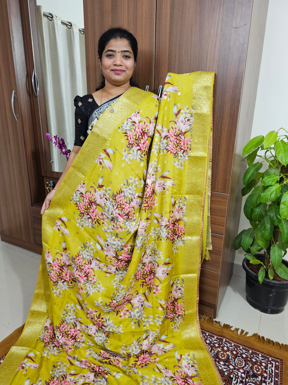 Silk Georgette Saree - Lime Yellow