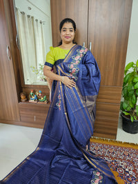 Semi Tussar Checks with Emboridery Saree - Navy Blue