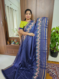 Semi Tussar Checks with Emboridery Saree - Navy Blue