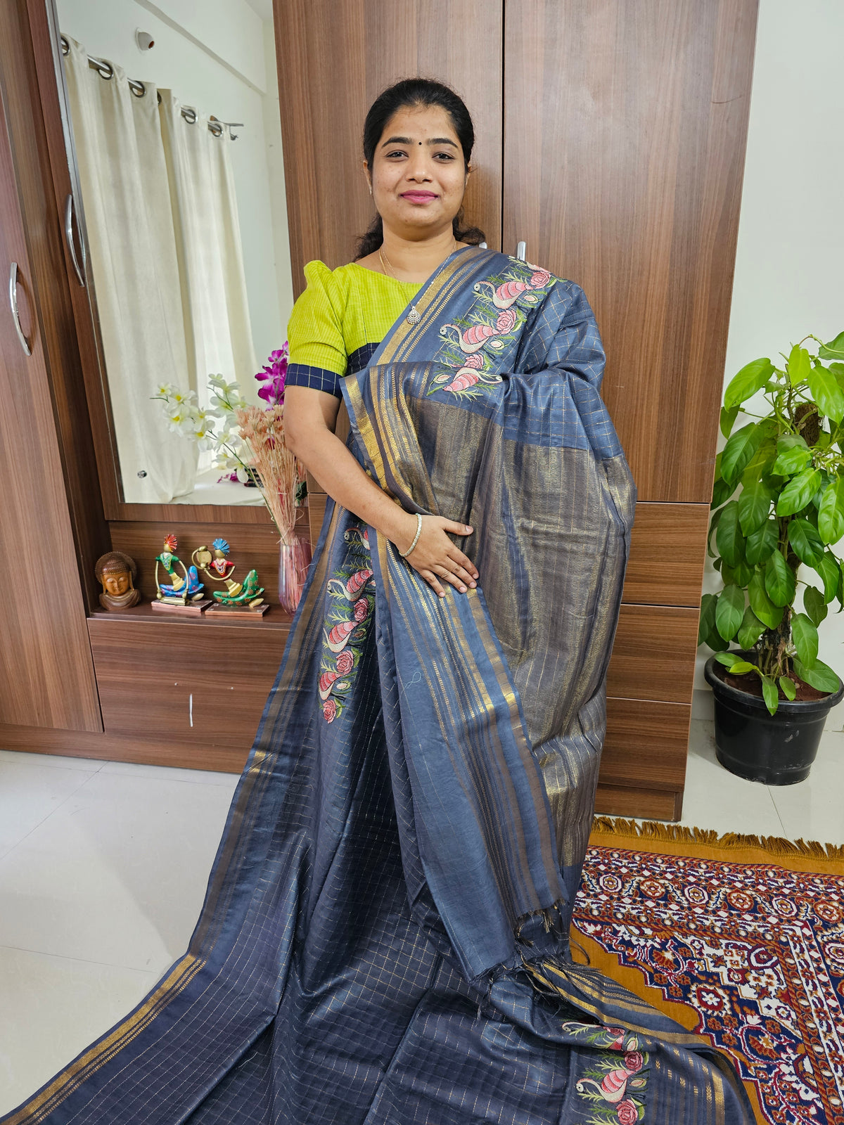 Semi Tussar Checks with Emboridery Saree - Grey
