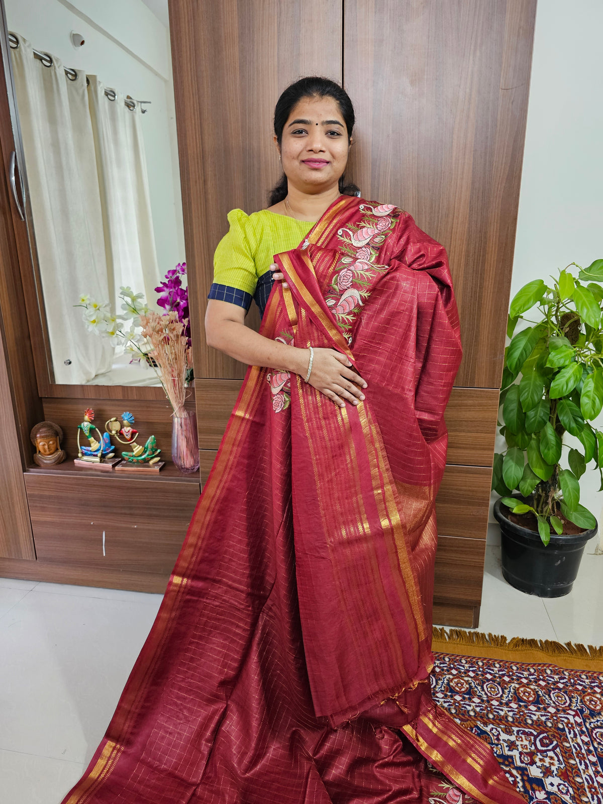 Semi Tussar Checks with Emboridery Saree - Red